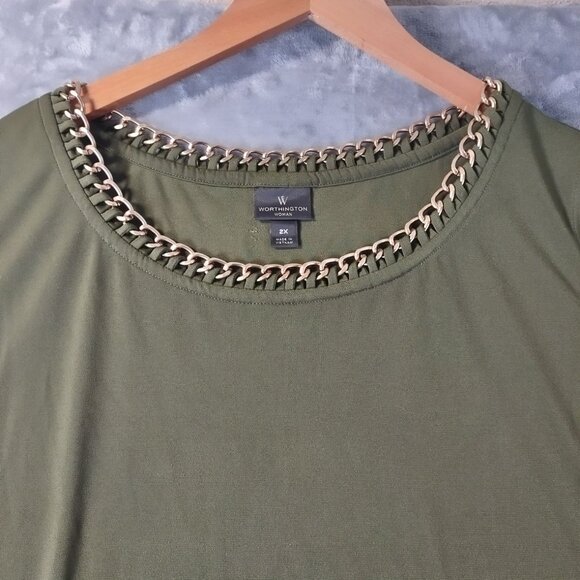 Worthington Woman Plus Chain Neck Tank Top 2X Olive Green Stretch Career Casual - Picture 7 of 10